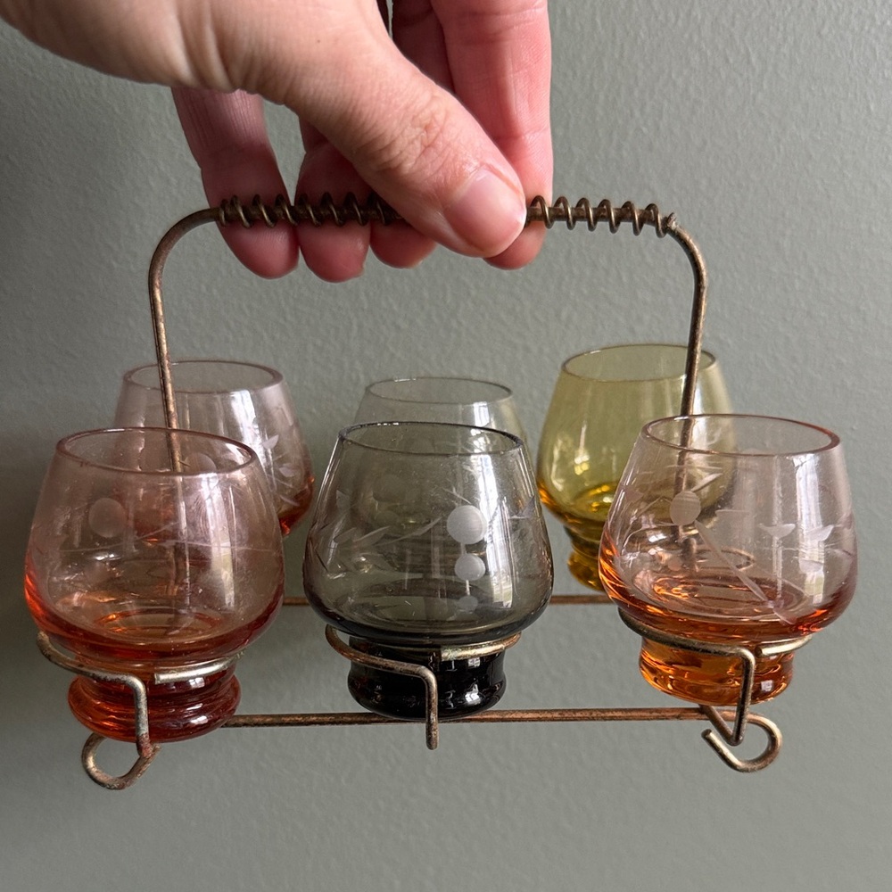 Vintage Cordial Shot Glass Etched Caddy and Glasses